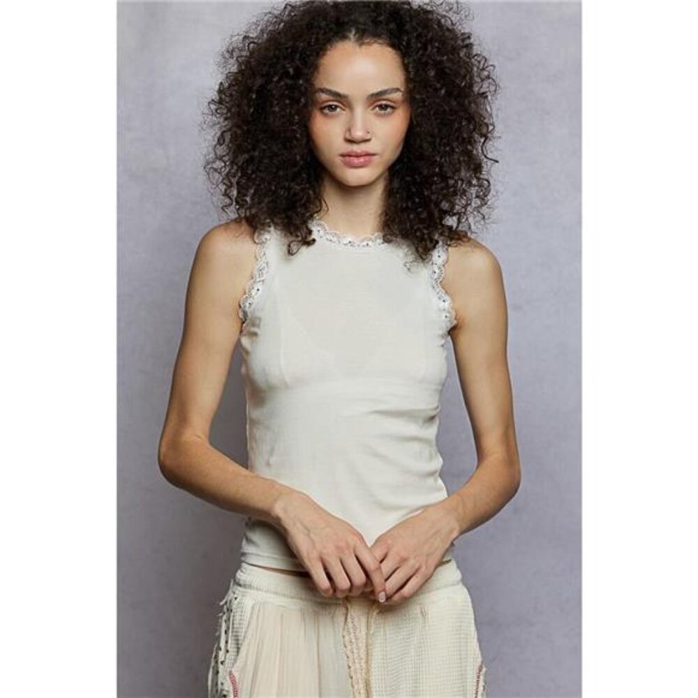 POL Round Neck Cropped Tank with Lace‎ Trim